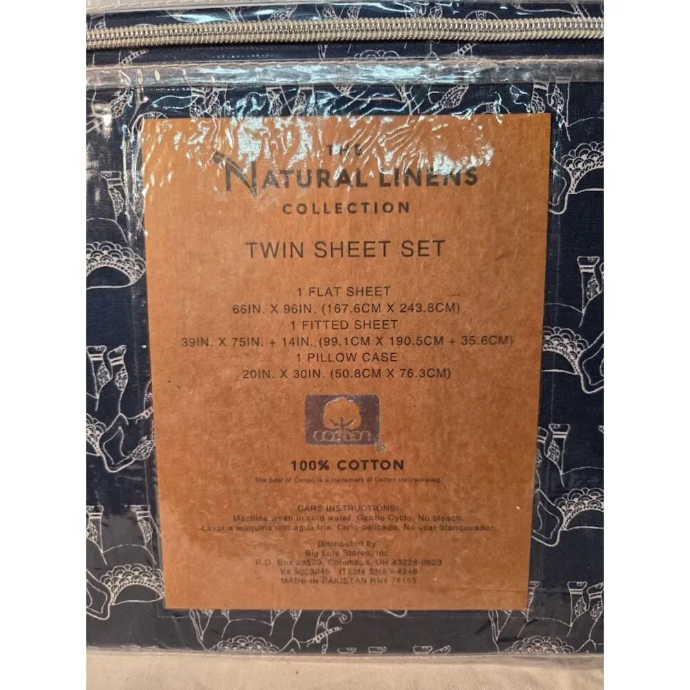 Twin 3 Pc 100% Cotton Elephant Sheet Set Blue White New in Package